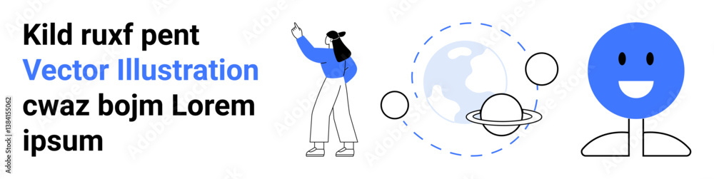 Fototapeta premium Woman gesturing at bold text, orbiting planets encircling Earth, and smiling face symbol. Ideal for education, presentations, creativity, exploration, teamwork, communication simple landing page