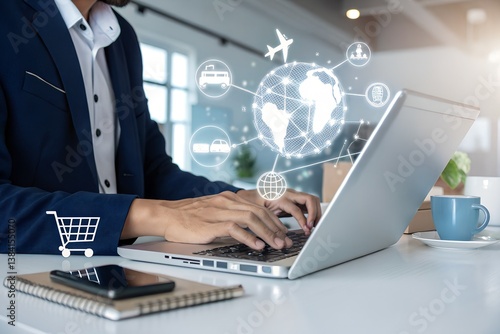 Logistic and transport concept, Businessman using laptop with supply chain technology for logistic management, organizing and controlling resources to meet the needs of customers. 