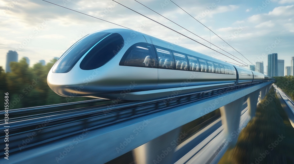 Fototapeta premium Futuristic maglev train zipping over elevated tracks in a modern cityscape. Passengers are visible inside the sleek, silver train.