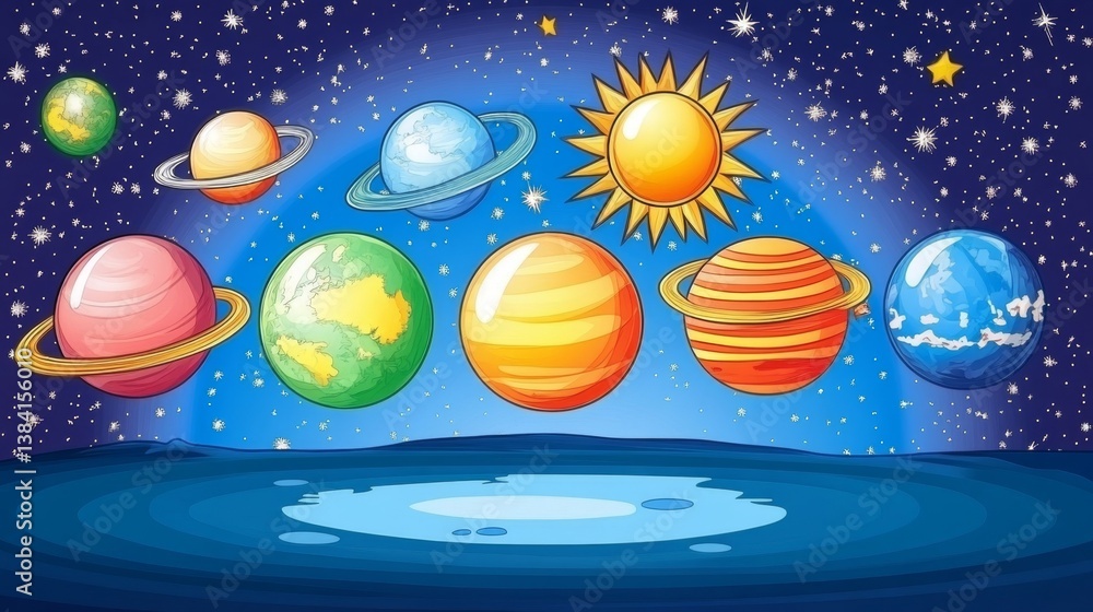 Naklejka premium A digital education universe where floating planets represent different fields of study