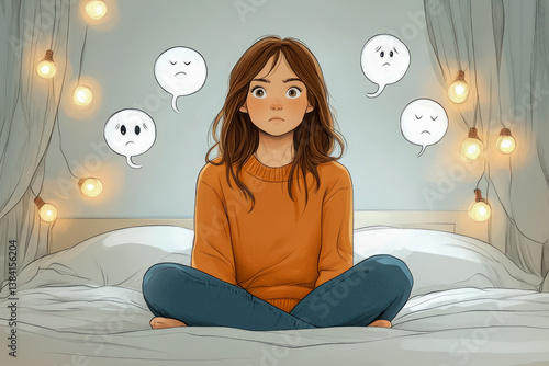 Illustration of a teenage girl is sitting cross-legged on her bed, in a dimly lit room, surrounded by illustrated emotions