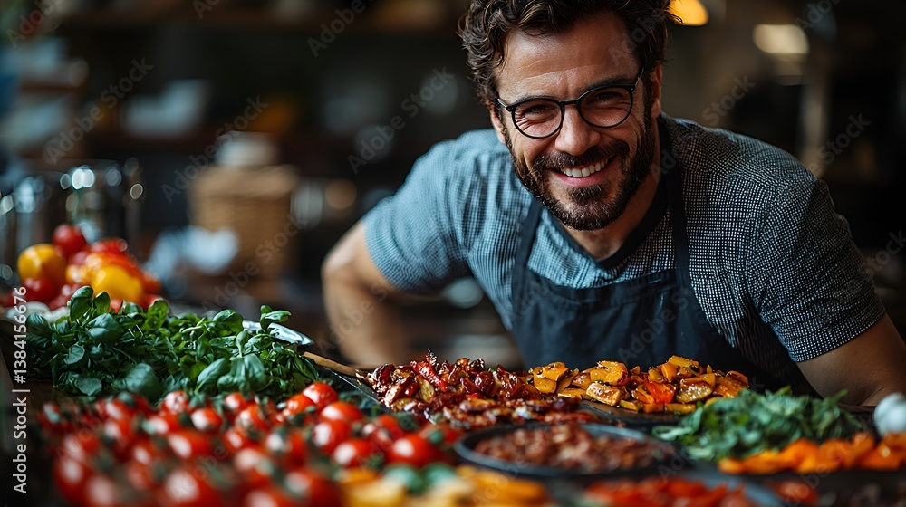 Happy chef smiling proudly behind colorful vegetable display. Happy chef smiling proudly behind colorful vegetable display.
