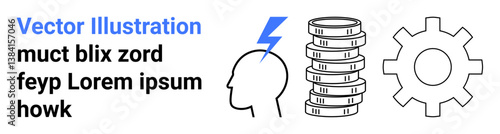 Head with lightning bolt, stacked coins, gearwheel concepts of creativity, technology, financial growth. Ideal for branding, marketing, finance, technology process idea generation simple landing