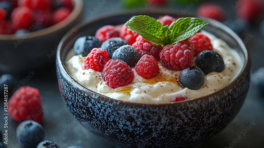 Creamy yogurt with fresh raspberries and blueberries. Creamy yogurt with fresh raspberries and blueberries.