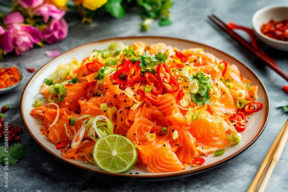 A vibrant salmon salad features thinly sliced fish accompanied by green onions, chili slices, cilantro, and lime on a beautifully arranged plate, enhancing the freshness of the dish A vibrant salmon salad features thinly sliced fish accompanied by green onions, chili slices, cilantro, and lime on a beautifully arranged plate, enhancing the freshness of the dish