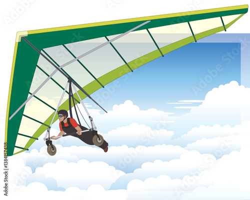 hang gliding, male glider soaring high above the clouds with a blue sky