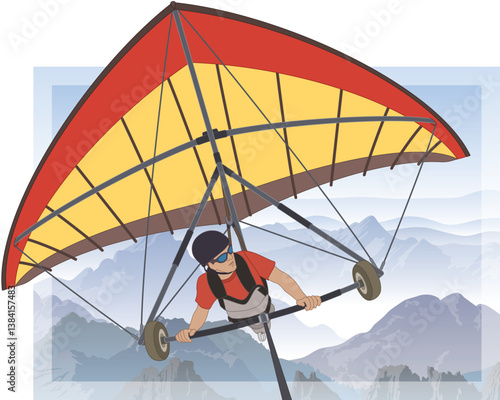 hang gliding, male glider soaring high above a mountain range with blue sky