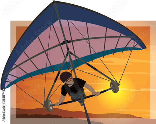 hang gliding, male glider soaring high above mountains in the sunset sky