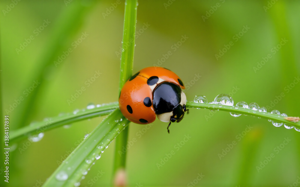 Fototapeta premium A ladybug rests on a vibrant green blade of grass, adorned with glistening water droplets. This close-up shot captures the intricate details of the insect and its dewy natural environment.