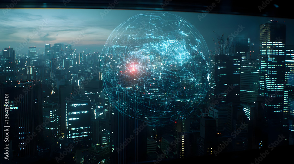 Fototapeta premium Digital Sphere Over Illuminated Asian Cityscape At Night
