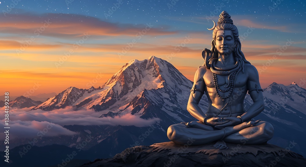 Fototapeta premium Meditative shiva idol amidst serene mountain range under twilight ambiance