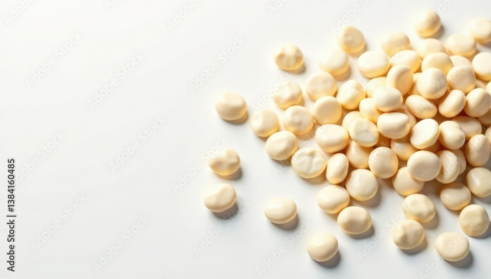 Scattered white beans on pristine white background, still life, healthy eating, culinary Scattered white beans on pristine white background, still life, healthy eating, culinary