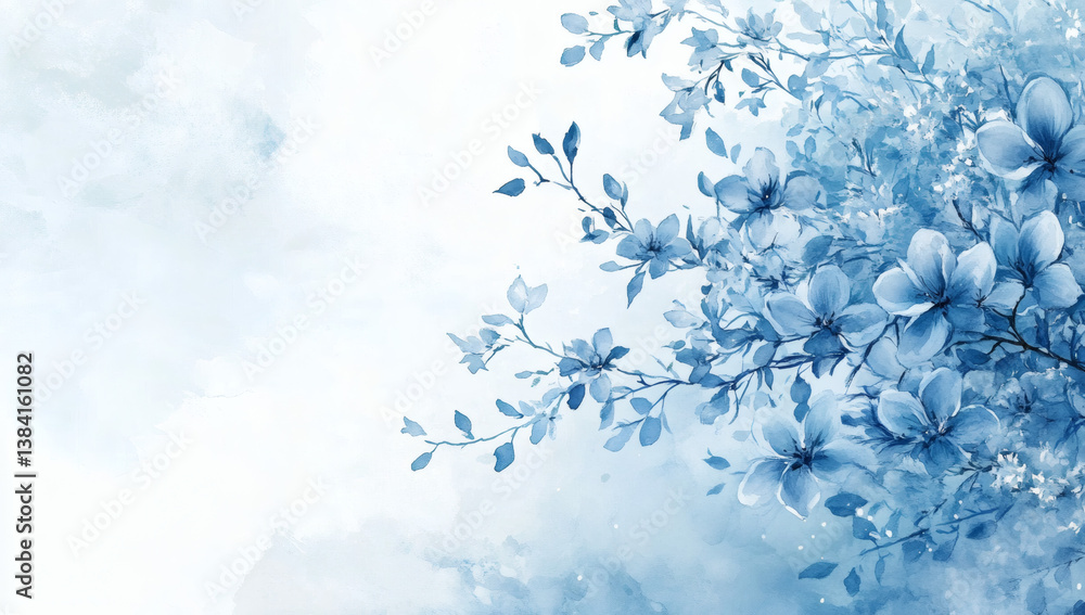 Fototapeta premium Delicate Blue Watercolor Floral Branch on White Background Featuring Artistic Petals and Gentle Spring Hues Creates a Decorative Floral Art Design
