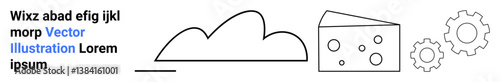 Cloud, cheese slice with holes, and two gears signify creativity, innovation, food, technology, brainstorming, collaboration and production. Ideal for concepts tech and simple landing page