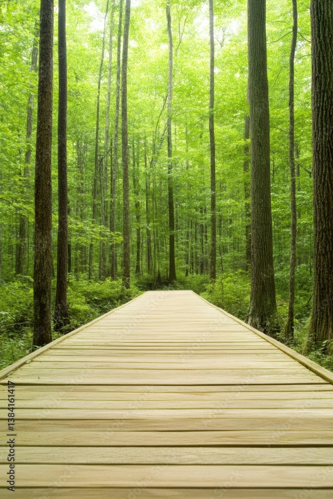 Fototapeta premium A serene wooden walkway meanders through a lush green forest, surrounded by tall trees, Ideal for nature-themed projects, wellness initiatives, or travel brochures promoting ecotourism,