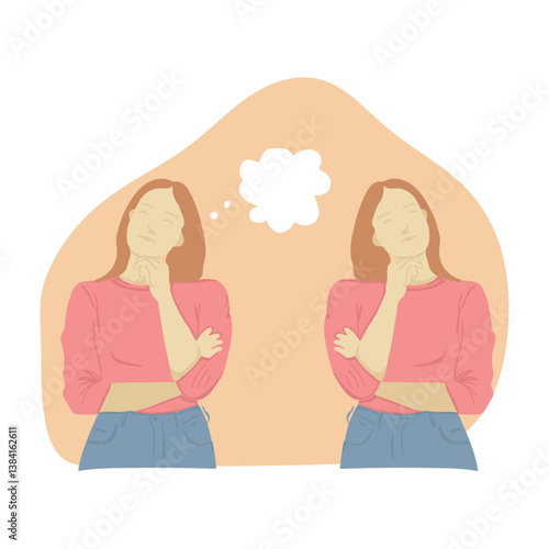 Thoughtful Young two woman in Pink Sweater and Blue Jeans.Hand Drawn Vector Illustration.