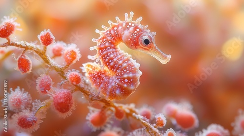 Delicate pygmy seahorse clinging to vibrant coral branch underwater scene