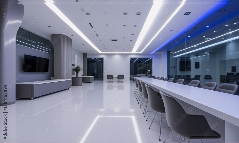 Fototapeta premium Sleek, contemporary office interior with minimalist design. Bright, empty room features polished floors, modern lighting, and rows of chairs. A clean, professional workspace.