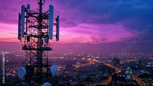 Stunning telecommunications tower silhouette against vibrant sunset sky, showcasing illuminated cityscape filled with lights, reflecting urban connectivity and technological infrastructure.