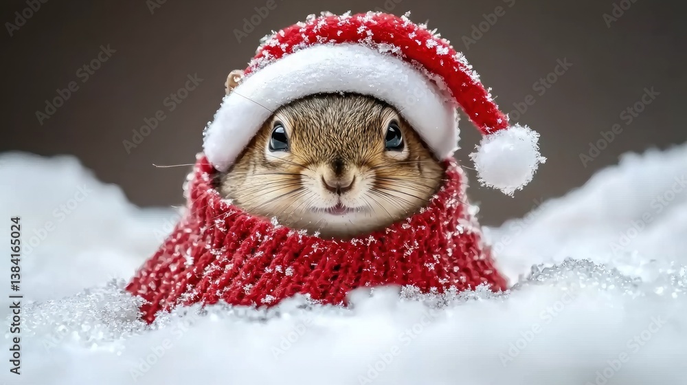 Cute squirrel in red Santa hat and sweater, nestled in snow. Cute squirrel in red Santa hat and sweater, nestled in snow.