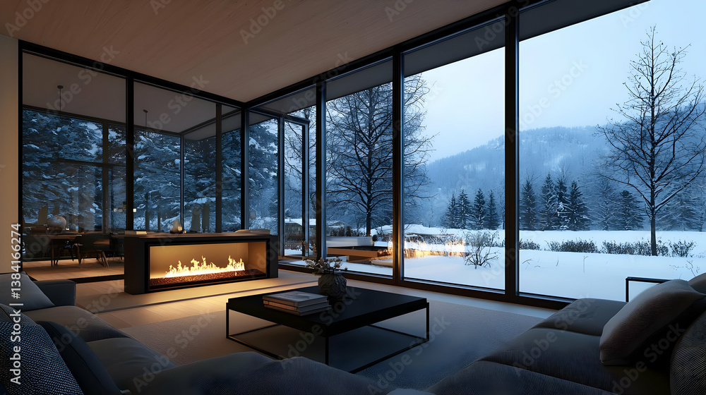 Fototapeta premium Modern Winter Home Interior With Fireplace And Mountain View