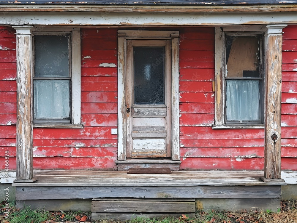 old red house, weathered wood, porch, door, rural setting, vintage style old red house, weathered wood, porch, door, rural setting, vintage style