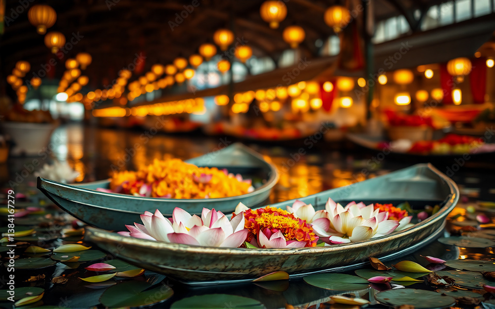 Fototapeta premium Boats laden with flowers drift on water adorned with lily pads, illuminated by warm lantern light, creating a festive and vibrant canal scene.