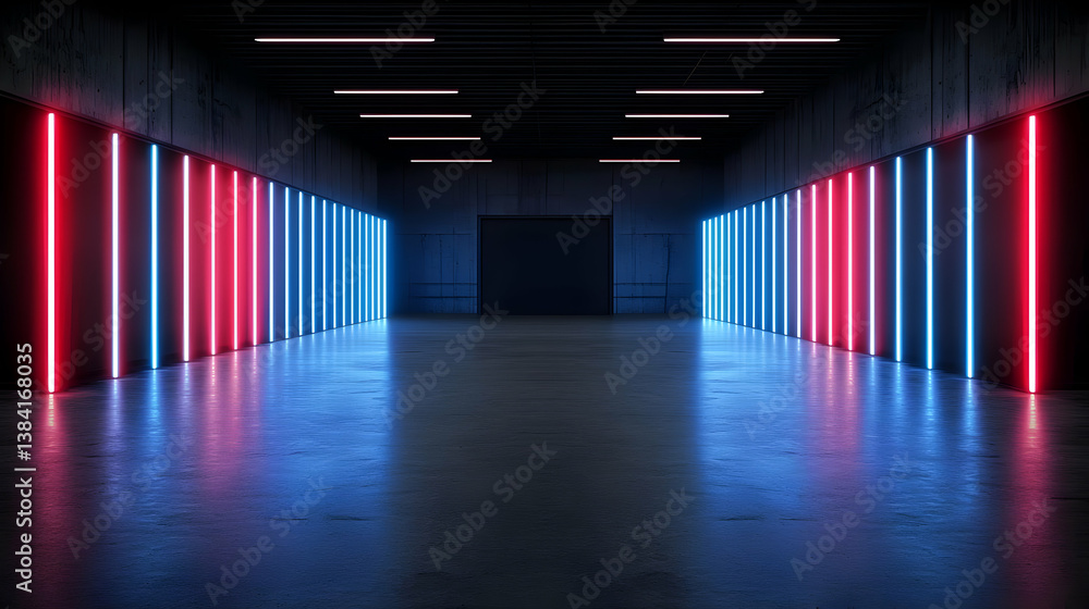 Fototapeta premium Red And Blue Neon Lights In Empty Concrete Studio