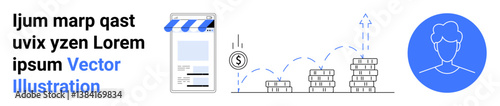 E-commerce storefront, rising coin stacks, upward arrow, and user profile. Ideal for business, online shopping, financial growth, marketing, startups customer analytics simple landing page