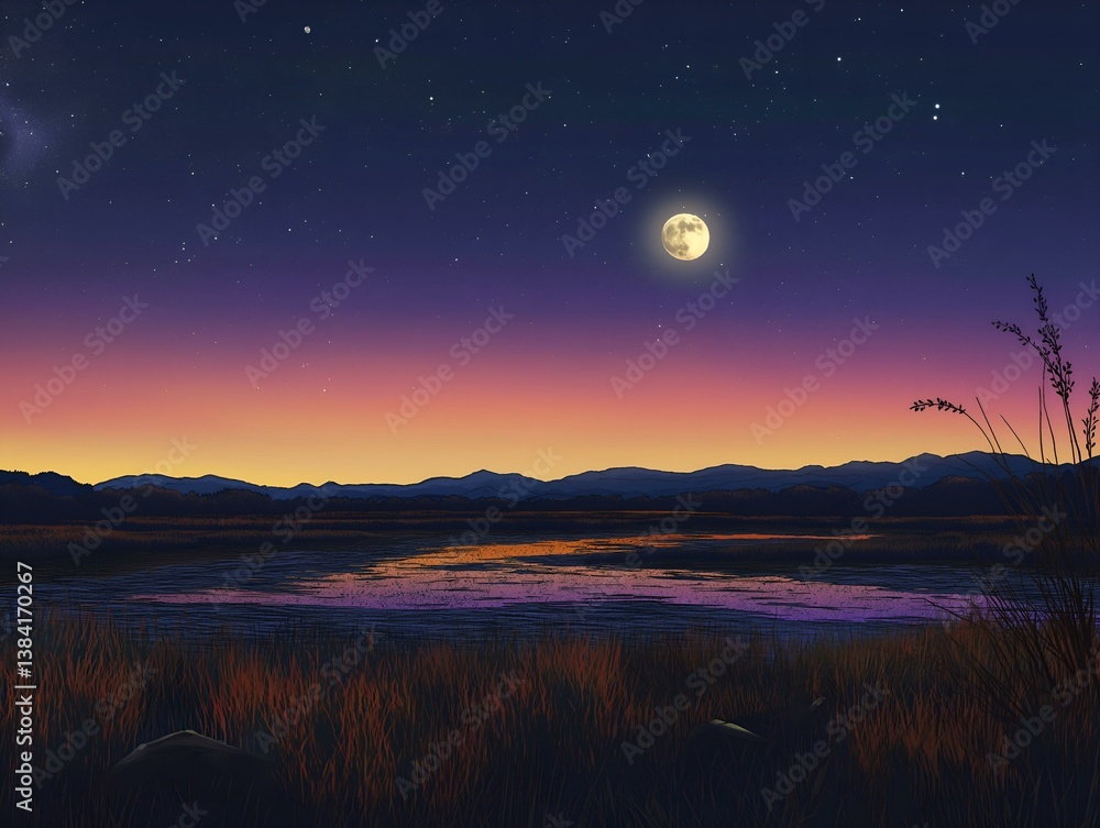 Fototapeta premium night landscape painting full moon calm water dark silhouettes distant hills