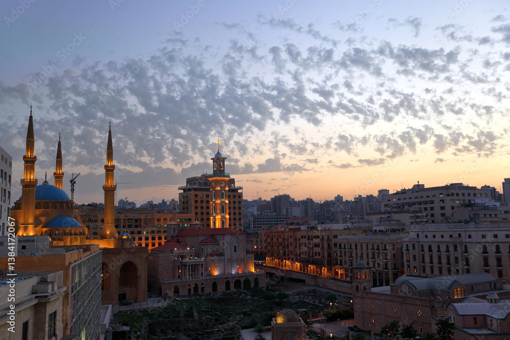 Fototapeta premium Downtown Beirut at Dusk with mosque and church lit up for the evening.