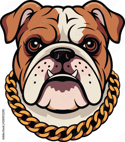 Bulldog face vector illustration isolated on white background, furious bulldog head with gold chain, dog vector design perfect for t-shirts, apparel, logos, mascots, or edgy.