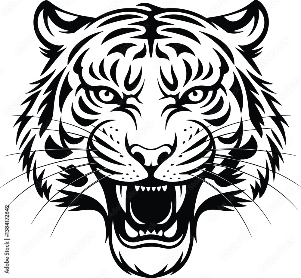 Fototapeta premium Tiger face vector. Roaring tiger head vector illustration on white background.