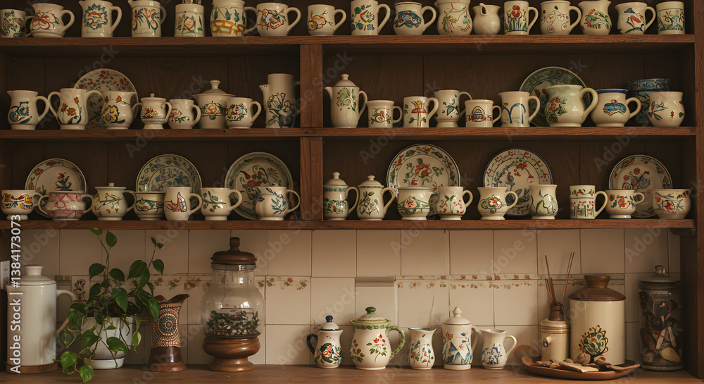 Rustic Kitchen Display with Handcrafted Ceramics on Open Wooden Shelves Rustic Kitchen Display with Handcrafted Ceramics on Open Wooden Shelves