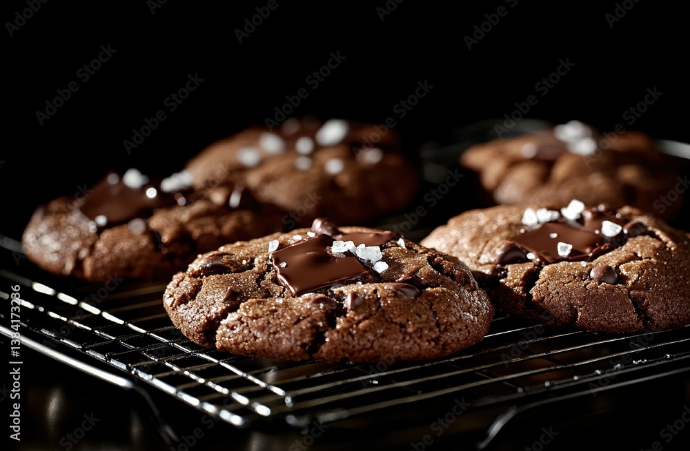 Closeup of Dark Chocolate Cookies with Sea Salt on Wire Rack Closeup of Dark Chocolate Cookies with Sea Salt on Wire Rack