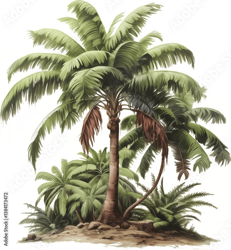 Tropical palm tree grove with multiple coconut palms and lush vegetation, detailed botanical illustration for paradise and resort themes