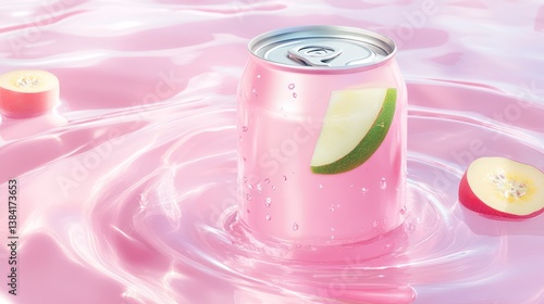 Pink drink can in swirling liquid, with fruit