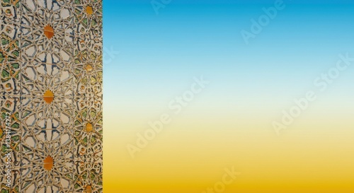 Intricate Moorish Tilework Against a Vibrant Sunset Sky: A Stunning Architectural Detail