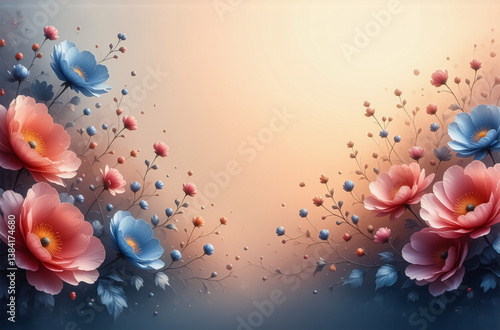 Pink and blue flowers with leaves are arranged on a soft gradient background. Delicate floral design for backgrounds or decorative purposes.