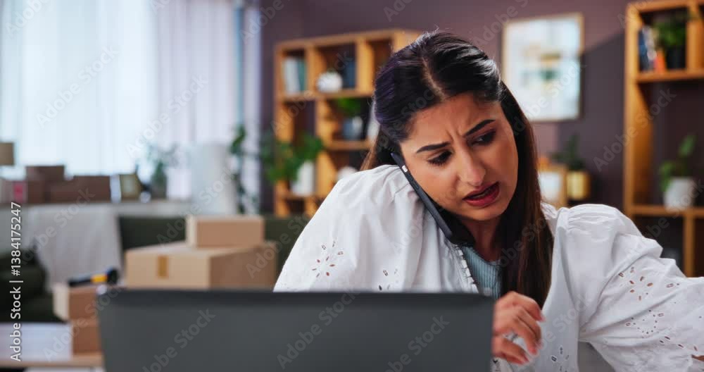 Woman, talk and phone call with box of logistics management, planning and distribution services. Person, mobile and communication with package quality for feedback, delivery information and startup Woman, talk and phone call with box of logistics management, planning and distribution services. Person, mobile and communication with package quality for feedback, delivery information and startup
