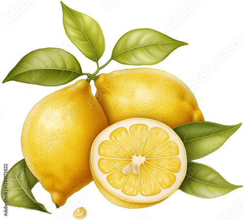 Fresh lemons with leaves and cross-section slice botanical watercolor illustration for culinary design