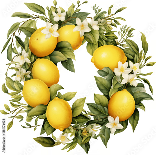 Lemon wreath with white flowers and green leaves botanical watercolor illustration for decorative design