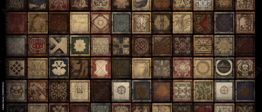 Square mosaic with various ancient symbols and designs. Distressed tiles create a vintage pattern tile pattern Square mosaic with various ancient symbols and designs. Distressed tiles create a vintage pattern tile pattern