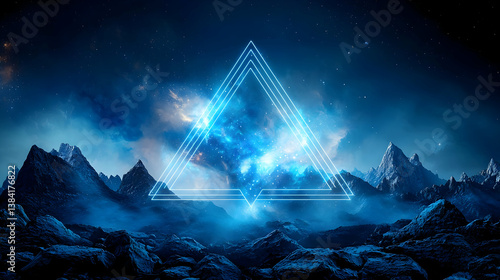 Glowing Triangle Over Misty Mountains At Night