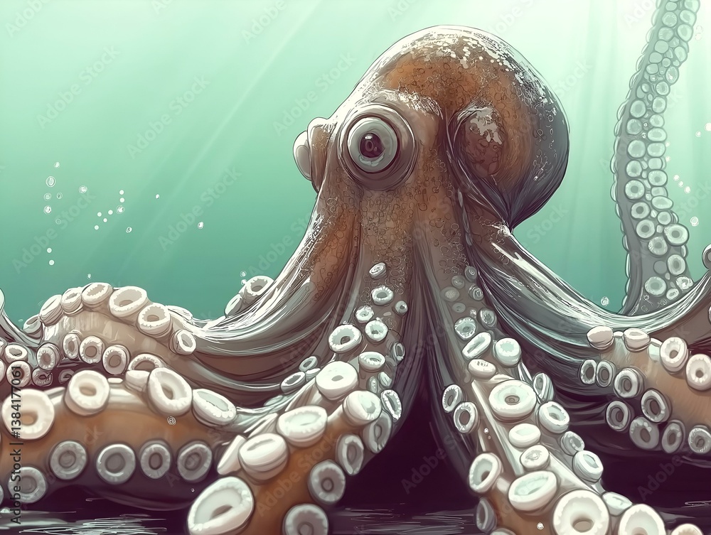 Fototapeta premium brown octopus underwater scene detailed tentacles dark background