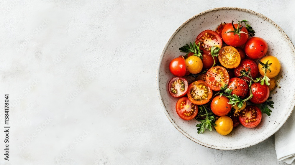 Colorful halved cherry tomatoes in a bowl on a light background Colorful halved cherry tomatoes in a bowl on a light background