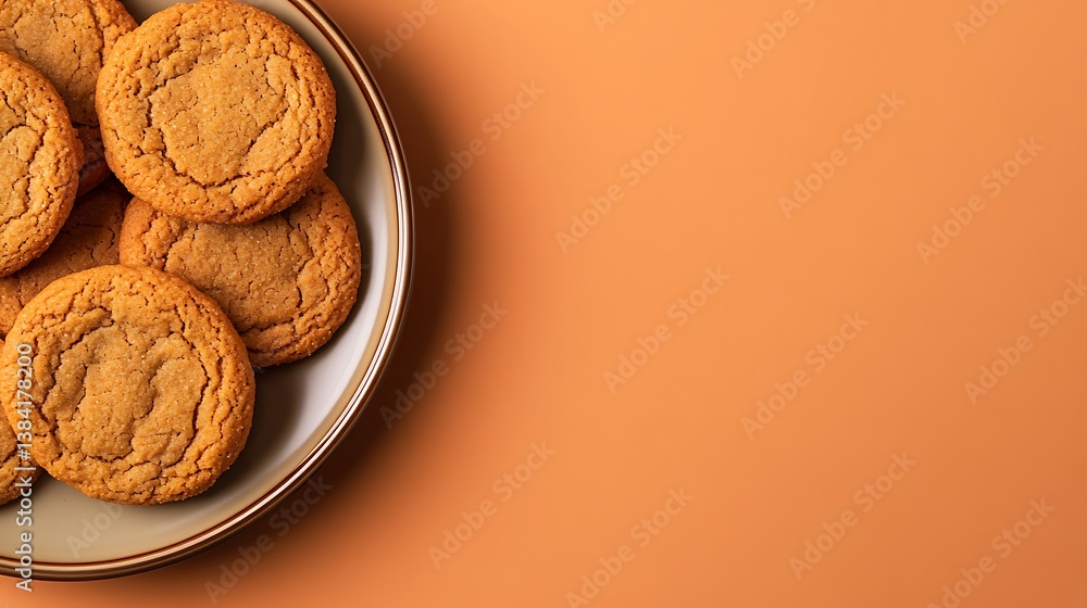 A serene National Gingersnap Day background featuring a plate of crispy gingersnap cookies, against a soft brown and orange gradient, macro shot