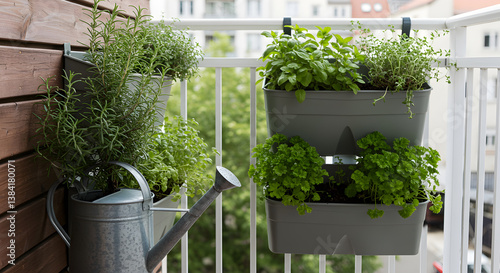 Lush Balcony Herb Garden Featuring Vertical Planters and Watering Can