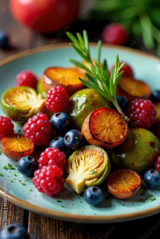 Roasted Brussels Sprouts and Citrus Medley with Berries and Rosemary Garnish on a Teal Plate Roasted Brussels Sprouts and Citrus Medley with Berries and Rosemary Garnish on a Teal Plate