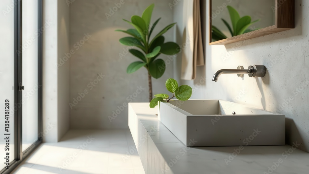 Fototapeta premium Serene Minimalist Bathroom Design with Concrete Vessel Sink and Natural Greenery